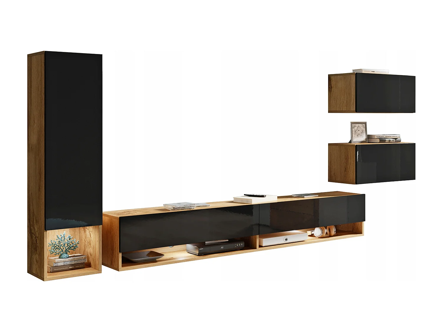 Meuble mural moderne avec LED 4 éléments – ensemble suspendu TV 180 cm, colonne, 2 meubles, corps chêne Wotan, façades noir brillant