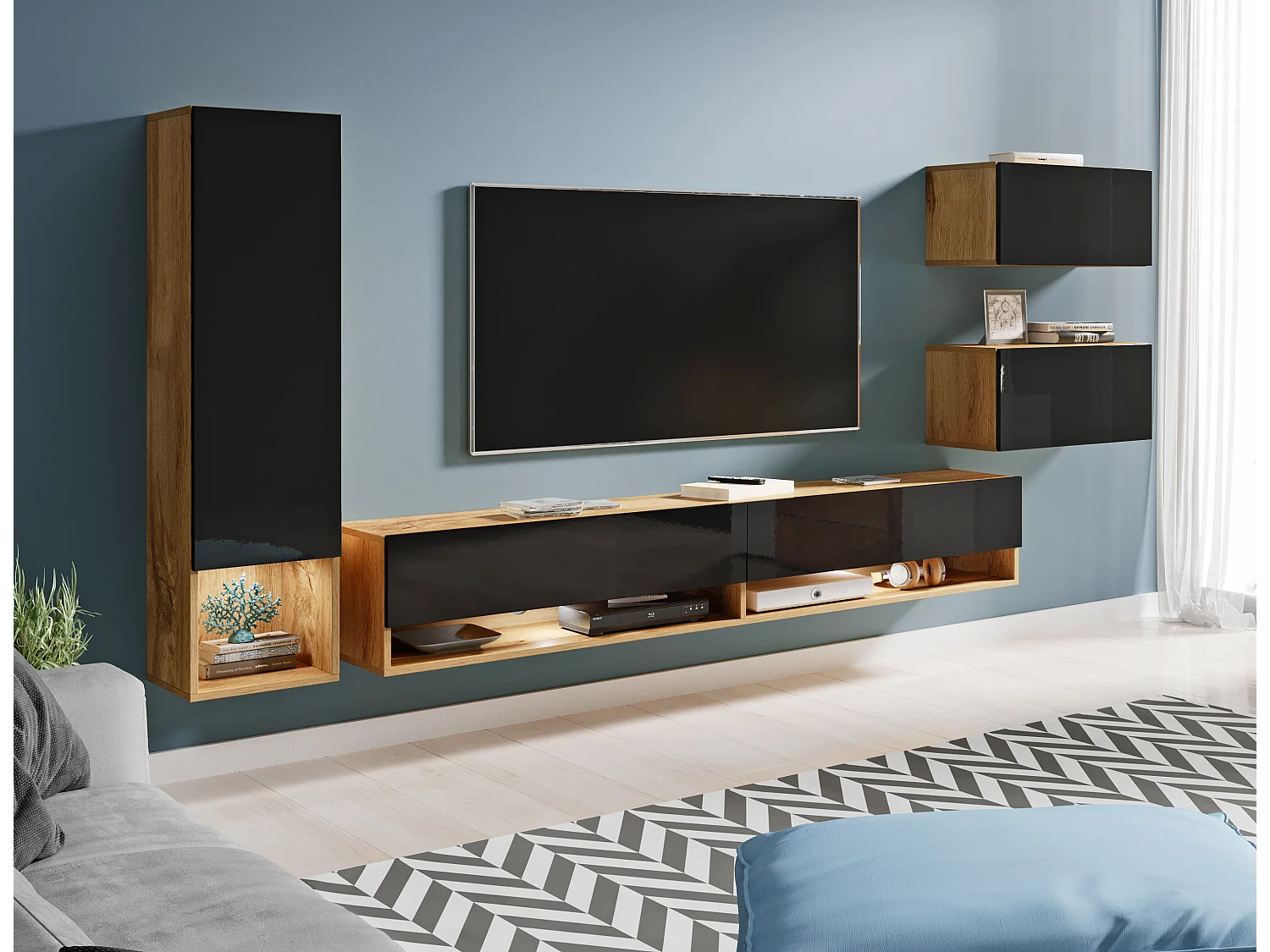 Meuble mural moderne avec LED 4 éléments – ensemble suspendu TV 180 cm, colonne, 2 meubles, corps chêne Wotan, façades noir brillant
