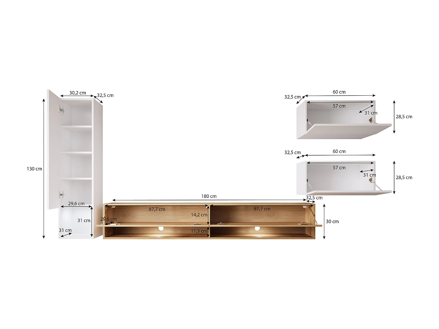 Meuble mural moderne avec LED 4 éléments – ensemble suspendu TV 180 cm, colonne, 2 meubles, corps chêne Wotan, façades noir brillant