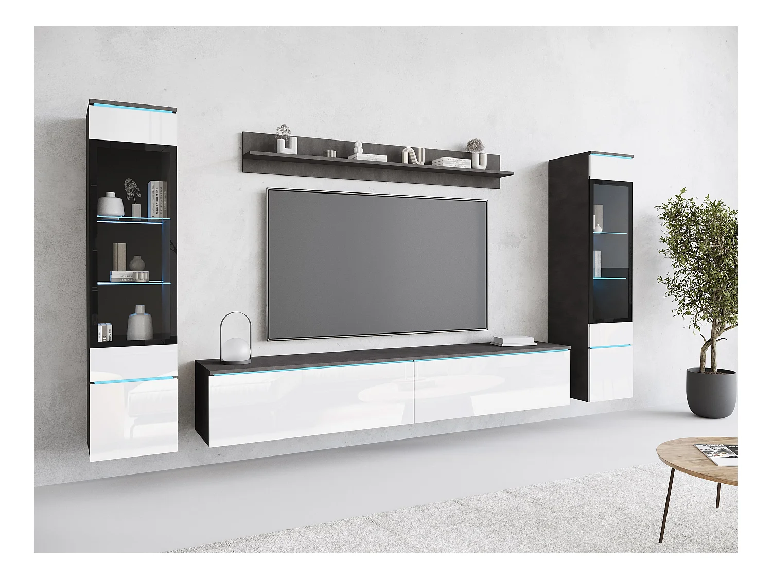 Ensemble de salon avec LED 4 éléments – meuble TV 180 cm, 2 vitrines et étagère, à poser ou suspendu, corps anthracite, façades blanc brillant