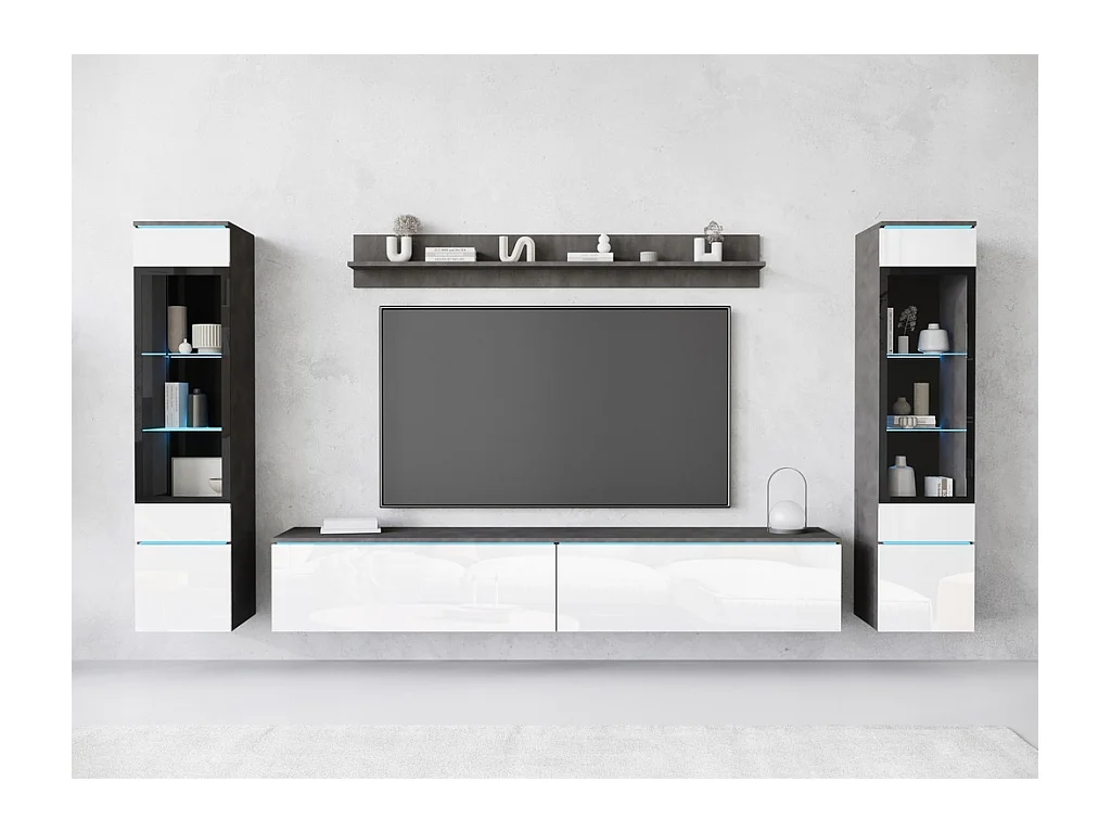 Ensemble de salon avec LED 4 éléments – meuble TV 180 cm, 2 vitrines et étagère, à poser ou suspendu, corps anthracite, façades blanc brillant