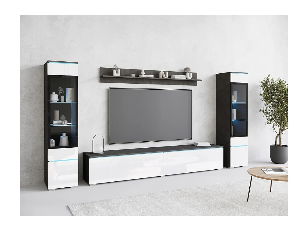 Ensemble de salon avec LED 4 éléments – meuble TV 180 cm, 2 vitrines et étagère, à poser ou suspendu, corps anthracite, façades blanc brillant