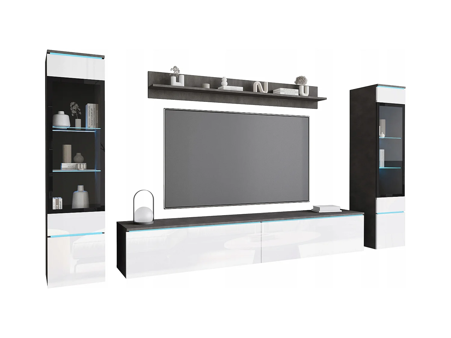 Ensemble de salon avec LED 4 éléments – meuble TV 180 cm, 2 vitrines et étagère, à poser ou suspendu, corps anthracite, façades blanc brillant