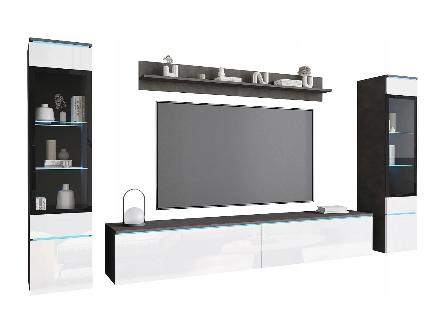 Ensemble de salon avec LED 4 éléments – meuble TV 180 cm, 2 vitrines et étagère, à poser ou suspendu, corps anthracite, façades blanc brillant
