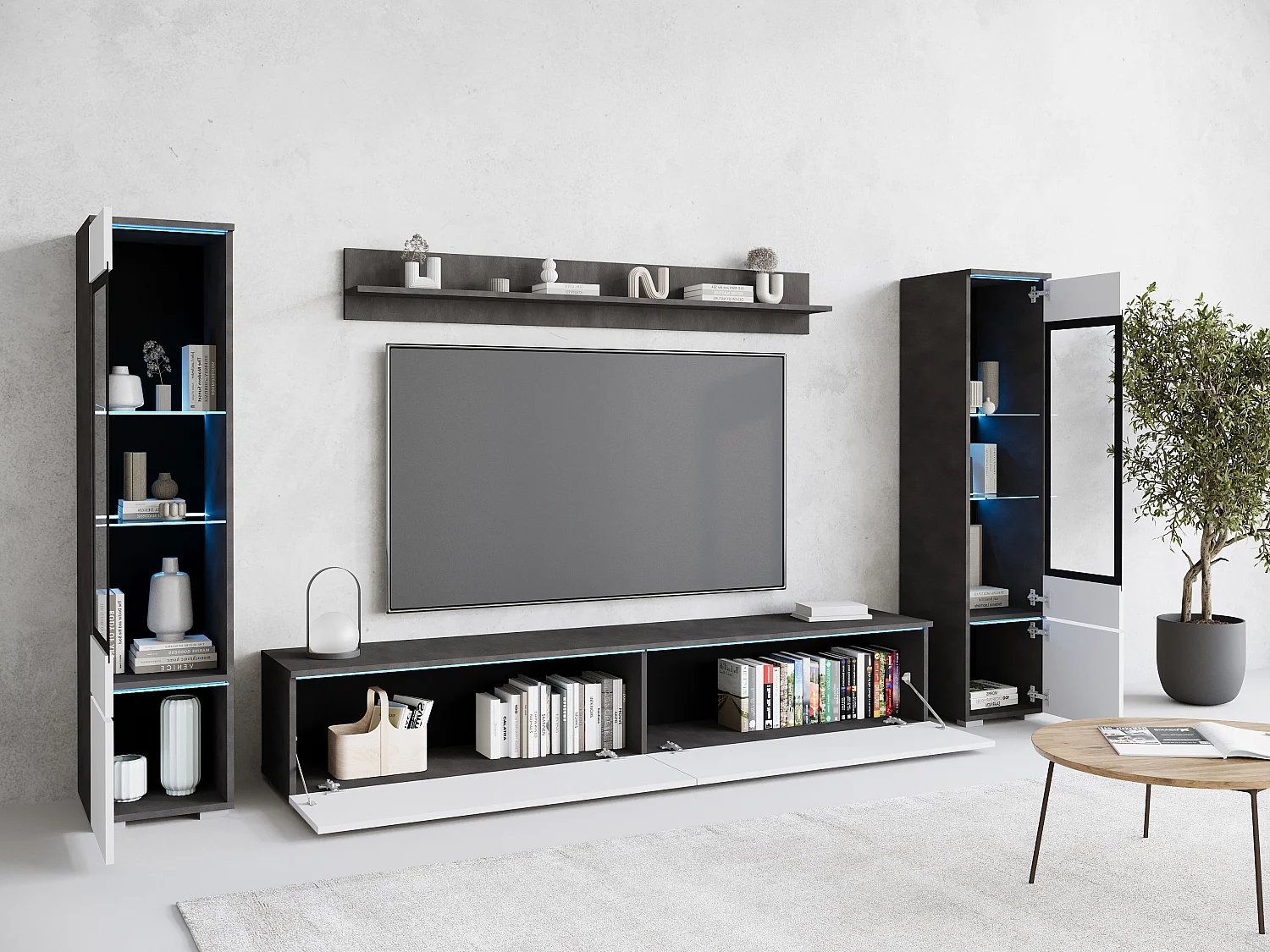 Ensemble de salon avec LED 4 éléments – meuble TV 180 cm, 2 vitrines et étagère, à poser ou suspendu, corps anthracite, façades blanc brillant
