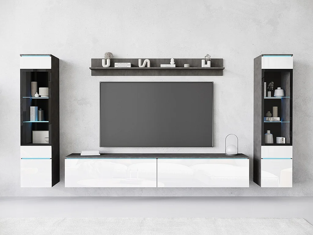Ensemble de salon avec LED 4 éléments – meuble TV 180 cm, 2 vitrines et étagère, à poser ou suspendu, corps anthracite, façades blanc brillant