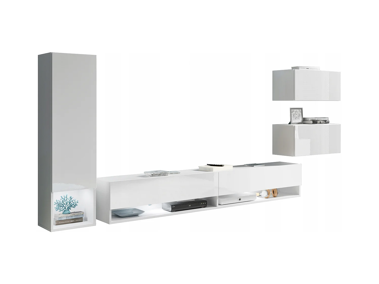 Parete attrezzata moderna con LED 4 pezzi – set sospeso TV 180 cm, colonna, 2 mobili, struttura bianco opaco, frontali bianco lucido