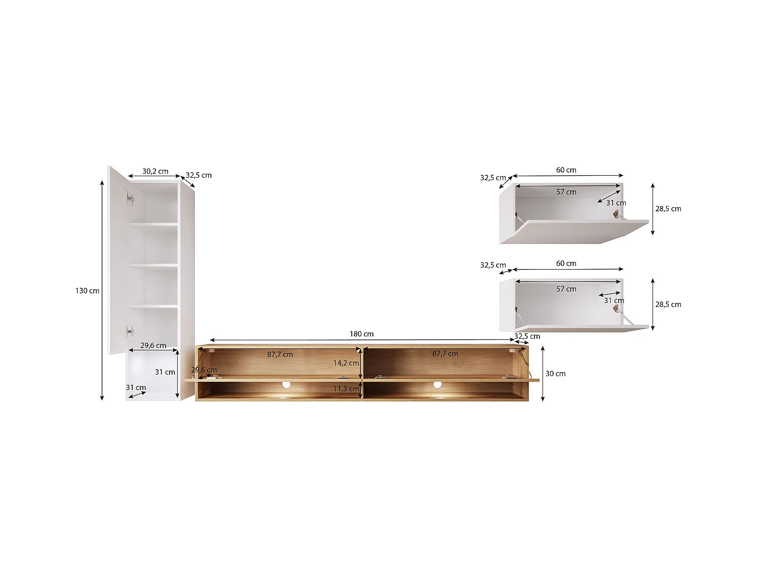 Parete attrezzata moderna con LED 4 pezzi – set sospeso TV 180 cm, colonna, 2 mobili, struttura bianco opaco, frontali bianco lucido