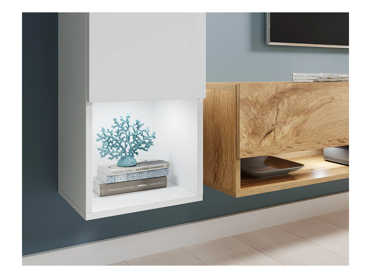 Parete attrezzata moderna con LED 4 pezzi – set sospeso TV 180 cm, colonna, 2 mobili, struttura bianco opaco, frontali bianco lucido