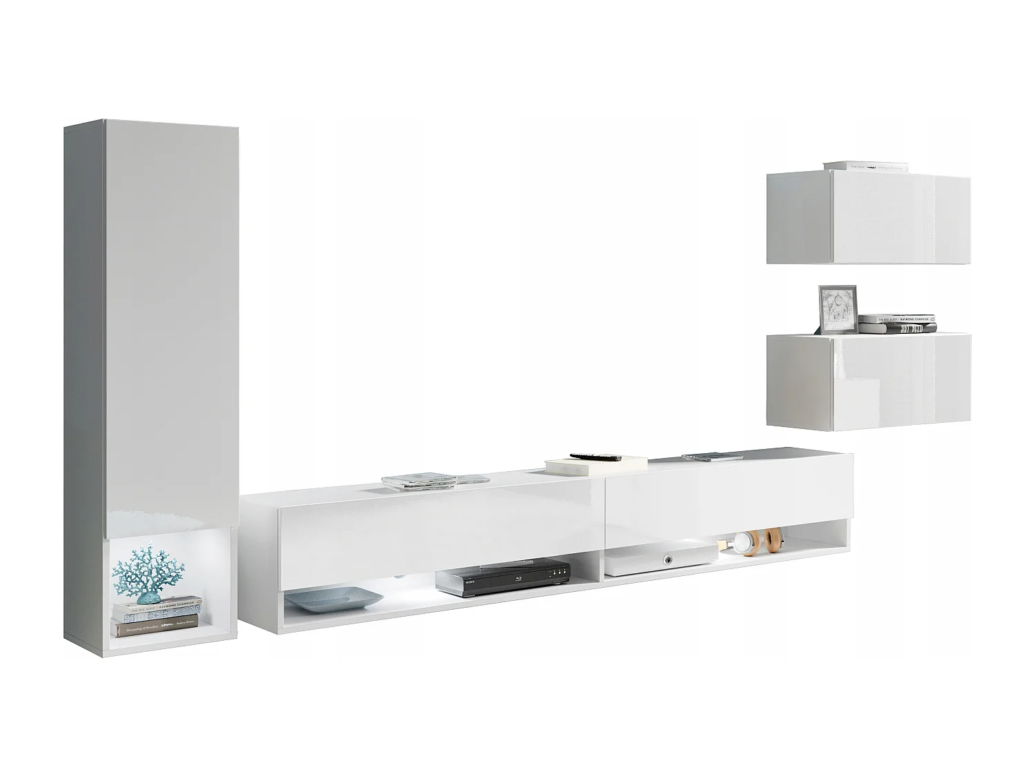 Meuble mural moderne avec LED 4 éléments – ensemble suspendu TV 180 cm, colonne, 2 meubles, corps blanc mat, façades blanc brillant