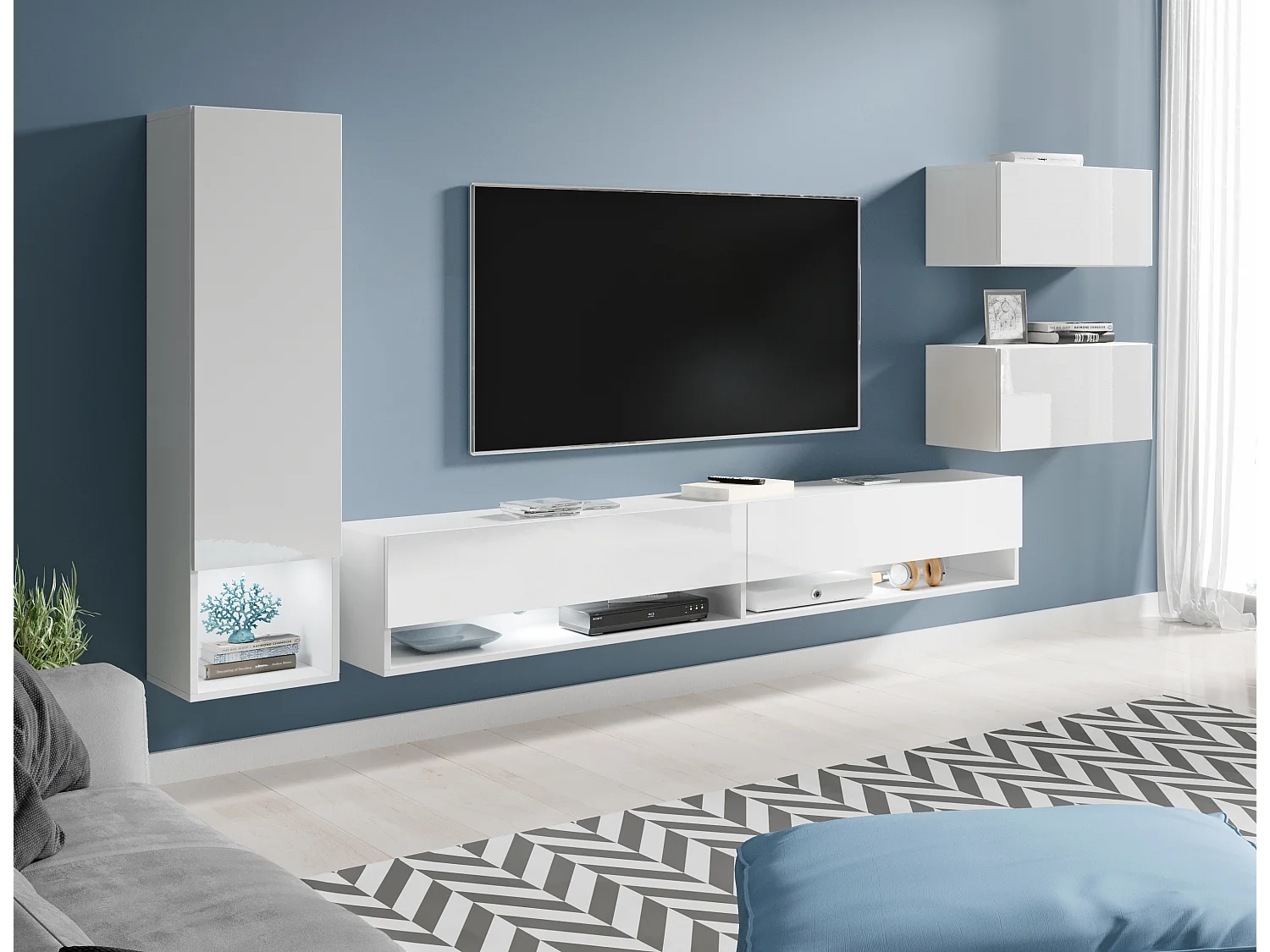 Moderne Wandeinheit mit LED 4 Elementen - 180 cm TV-Ständer, Säule, 2 Schränke, Weiß Mattes Gehäuse, Glänzende Weiße Fronten