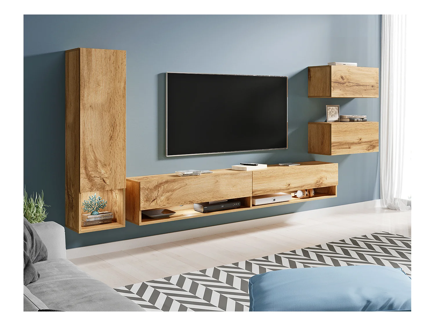 Meuble mural moderne 4 éléments avec LED – ensemble suspendu TV 180 cm, avec colonne et meubles, chêne Wotan