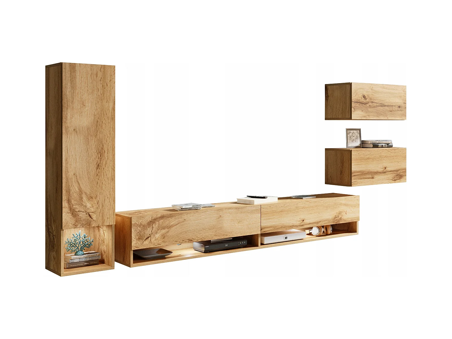 Meuble mural moderne 4 éléments avec LED – ensemble suspendu TV 180 cm, avec colonne et meubles, chêne Wotan