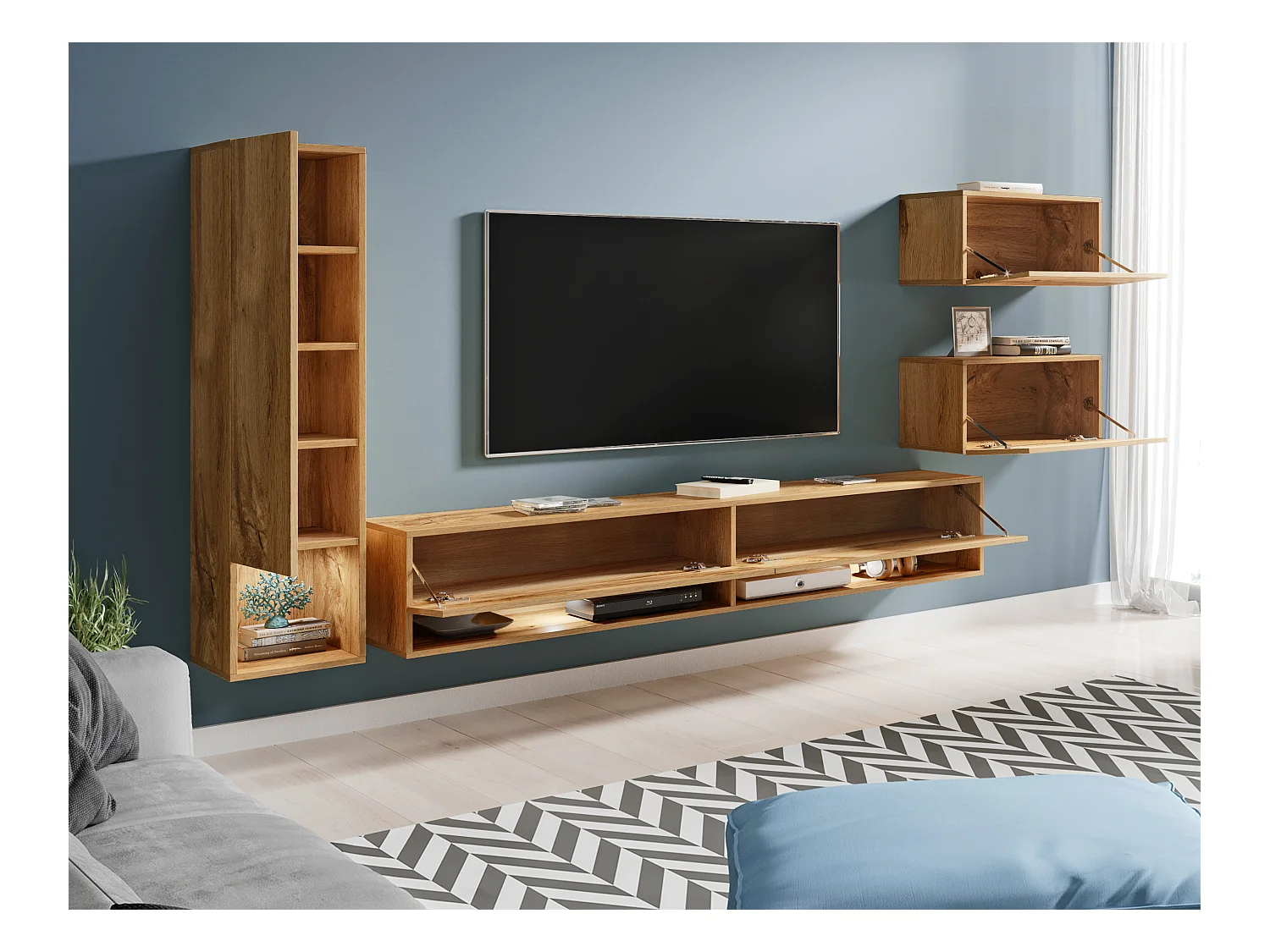 Meuble mural moderne 4 éléments avec LED – ensemble suspendu TV 180 cm, avec colonne et meubles, chêne Wotan