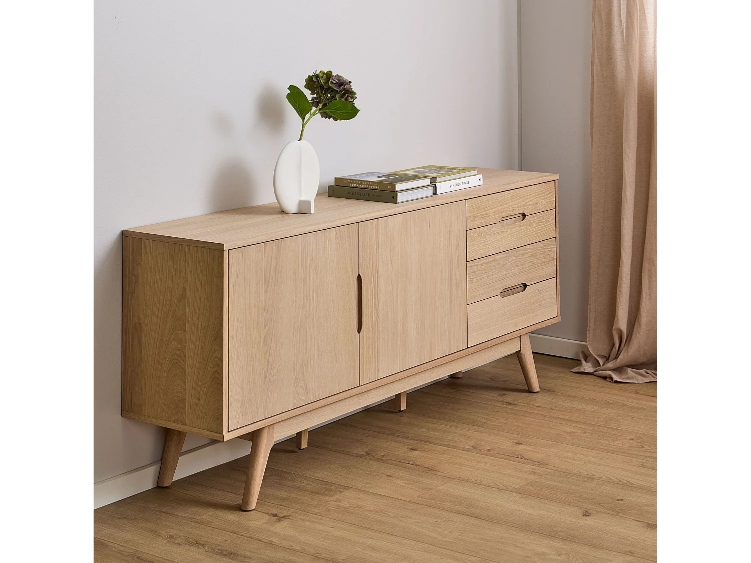 Buffet en bois blanchi 2 portes 4 tiroirs L180 - MARTINE