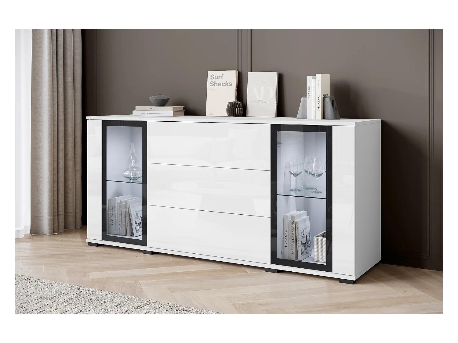 Commode 150 cm pour salon – vitrine moderne avec vitrages + tiroirs, corps blanc mat, façades blanc brillant