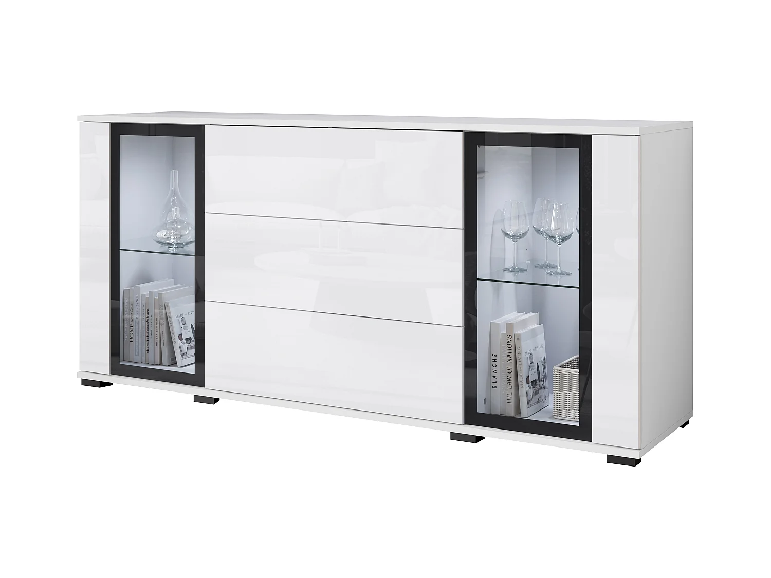 Commode 150 cm pour salon – vitrine moderne avec vitrages + tiroirs, corps blanc mat, façades blanc brillant