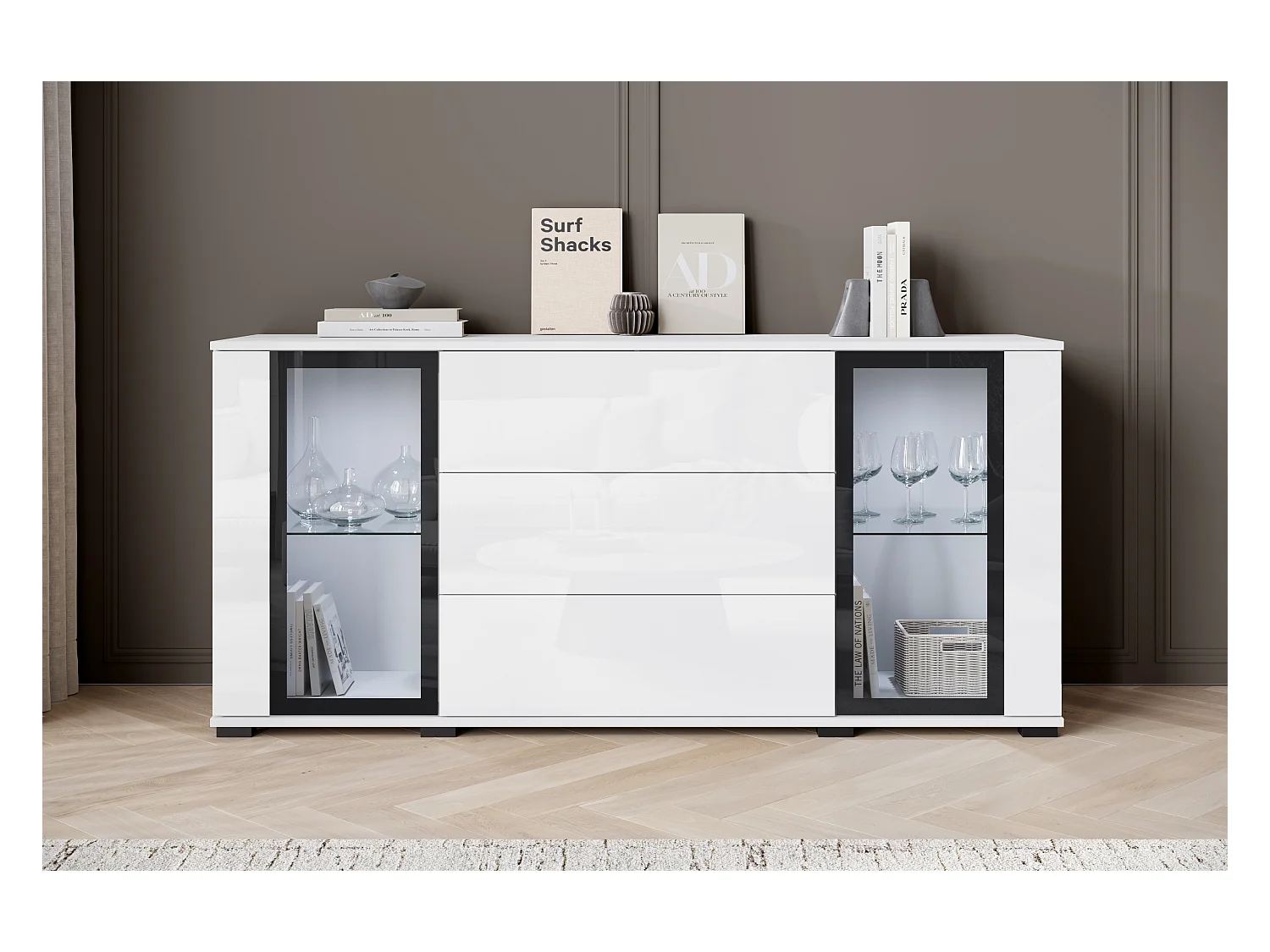 Commode 150 cm pour salon – vitrine moderne avec vitrages + tiroirs, corps blanc mat, façades blanc brillant