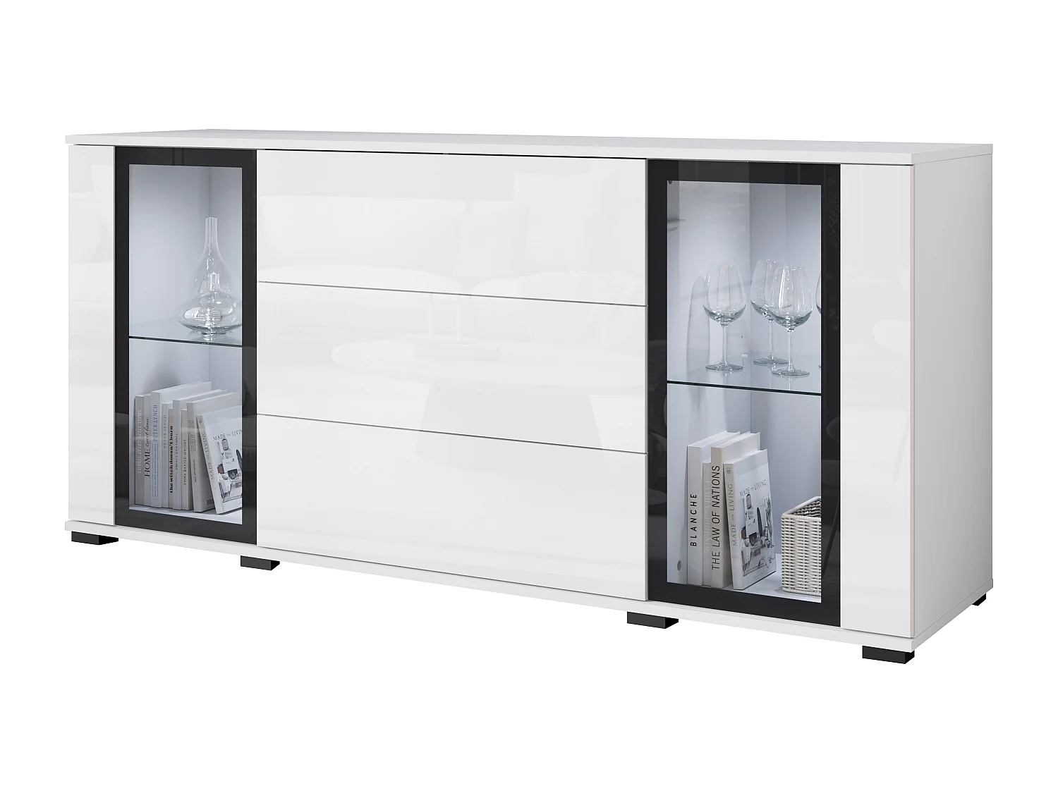 Commode 150 cm pour salon – vitrine moderne avec vitrages + tiroirs, corps blanc mat, façades blanc brillant