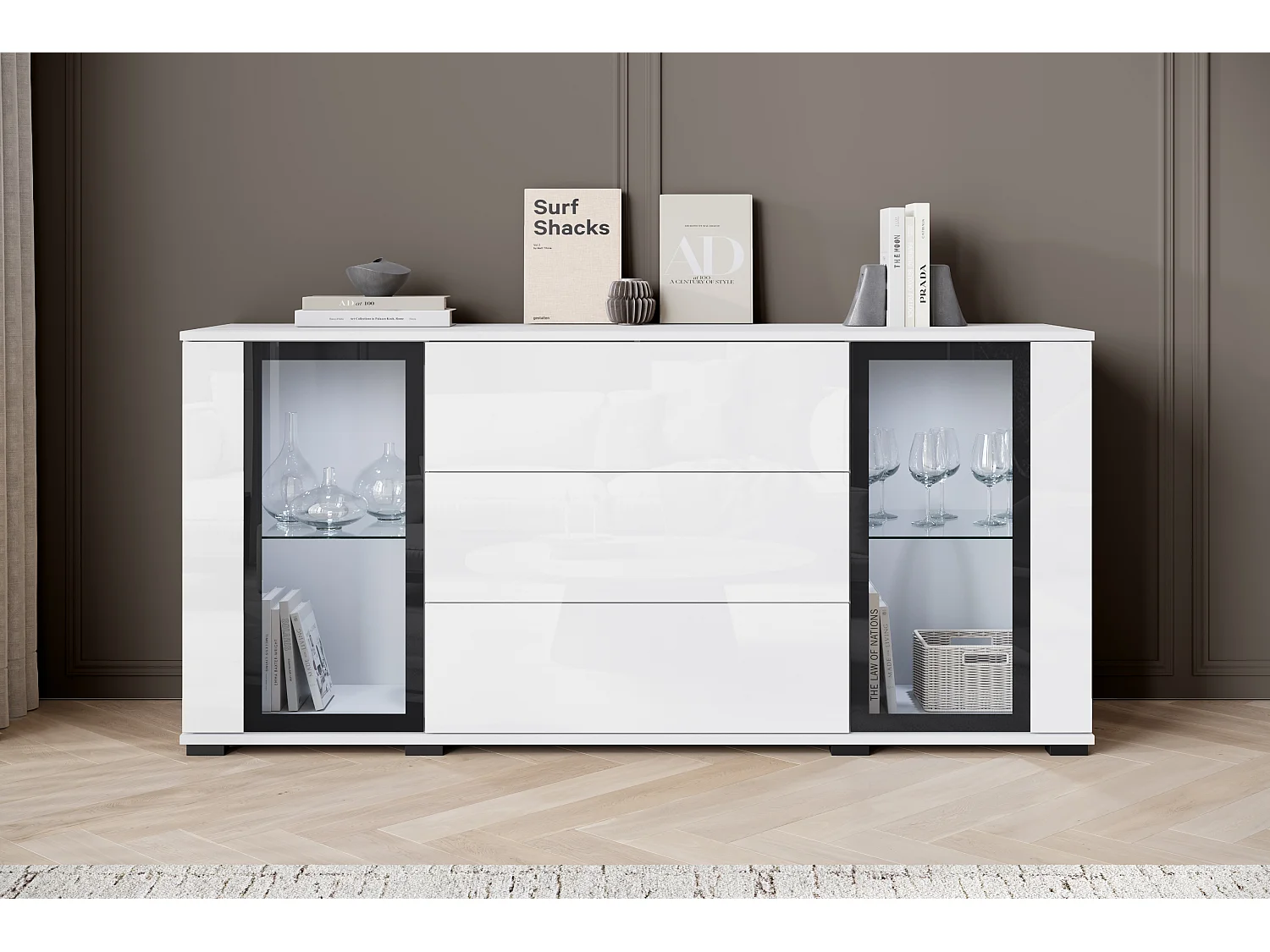 Commode 150 cm pour salon – vitrine moderne avec vitrages + tiroirs, corps blanc mat, façades blanc brillant