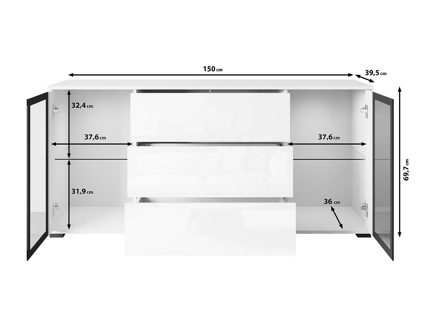 Commode 150 cm pour salon – vitrine moderne avec vitrages + tiroirs, corps blanc mat, façades blanc brillant