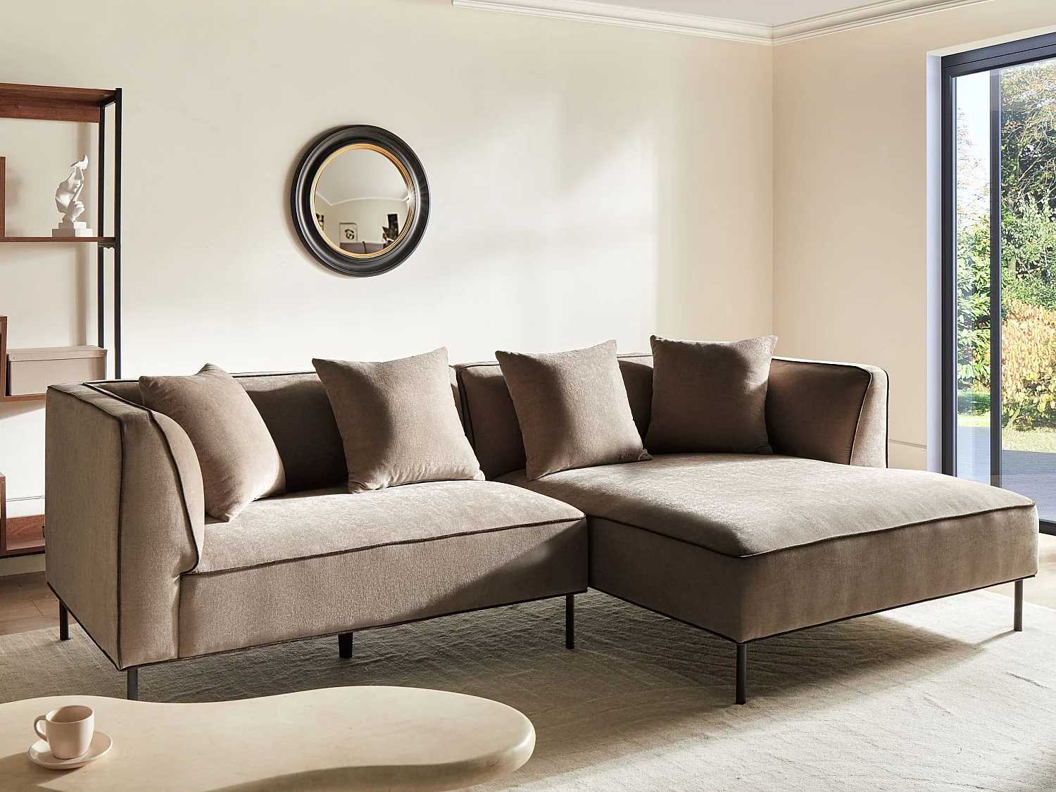 Canapé d\'angle 3 places SATER Tissu chenille Marron clair Côté droite