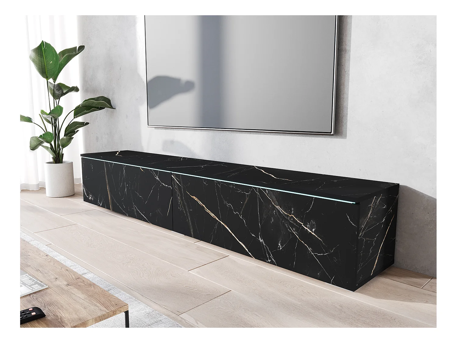 Meuble TV moderne 180 cm pour salon avec LED – 2 portes, sans poignées, marbre mat, à poser ou à suspendre