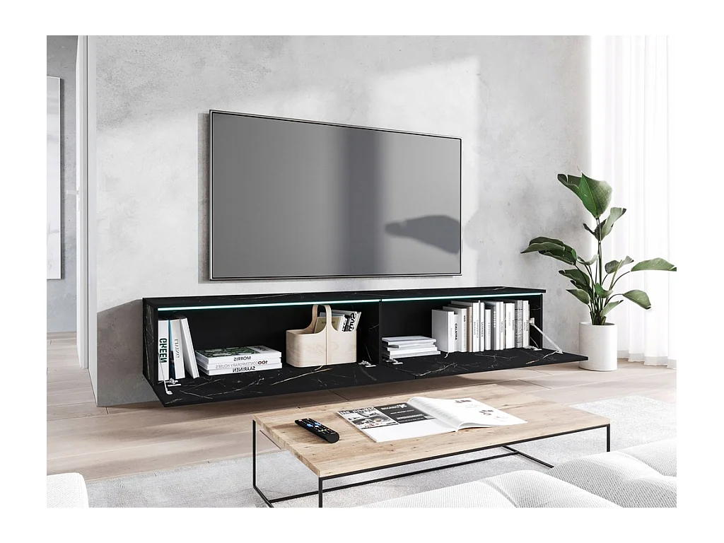 Meuble TV moderne 180 cm pour salon avec LED – 2 portes, sans poignées, marbre mat, à poser ou à suspendre