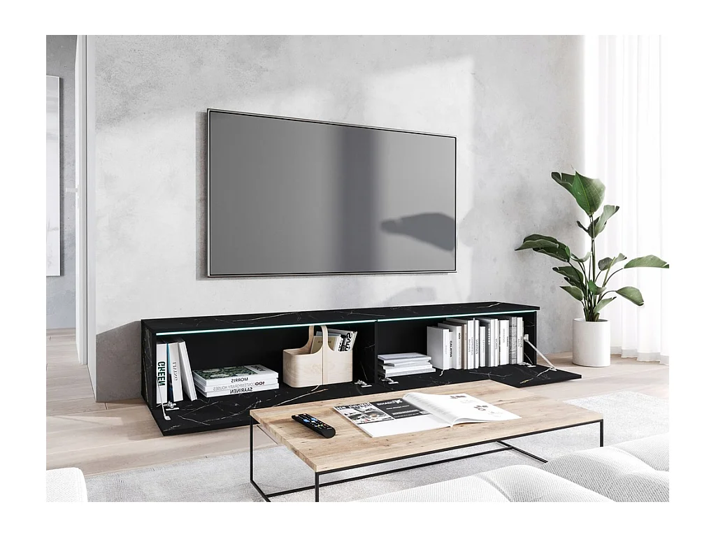Meuble TV moderne 180 cm pour salon avec LED – 2 portes, sans poignées, marbre mat, à poser ou à suspendre