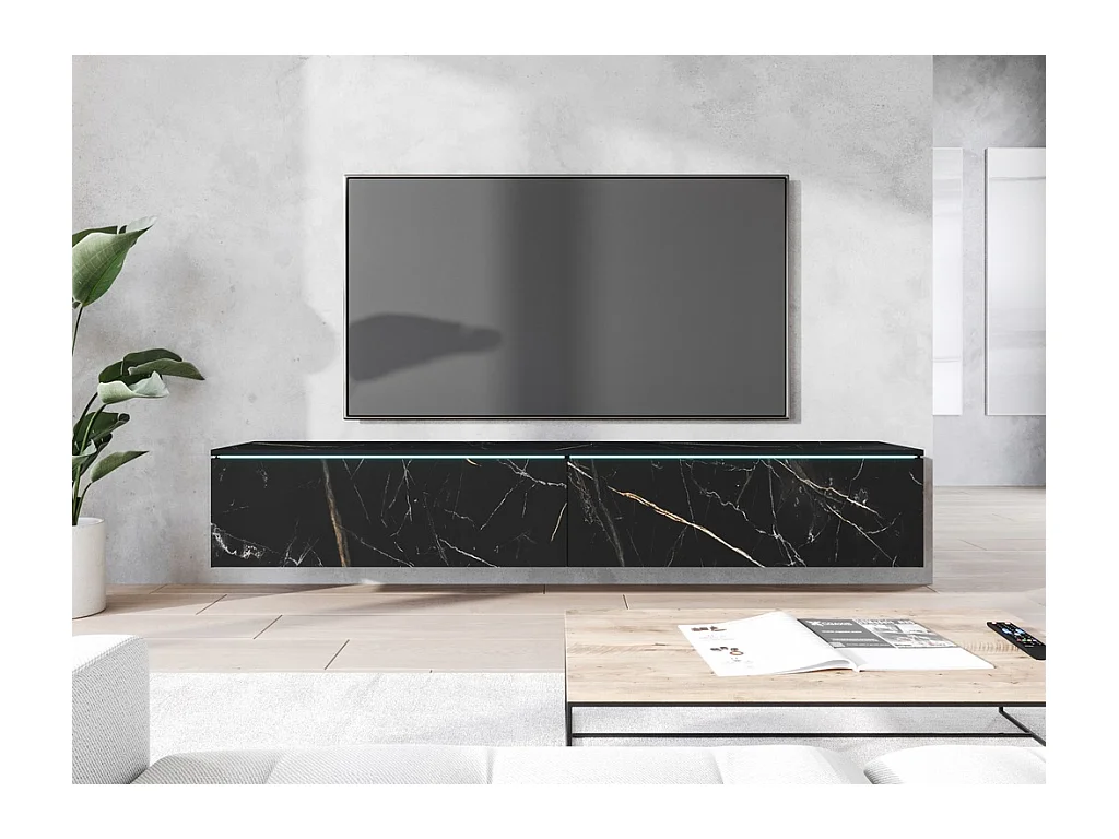 Meuble TV moderne 180 cm pour salon avec LED – 2 portes, sans poignées, marbre mat, à poser ou à suspendre