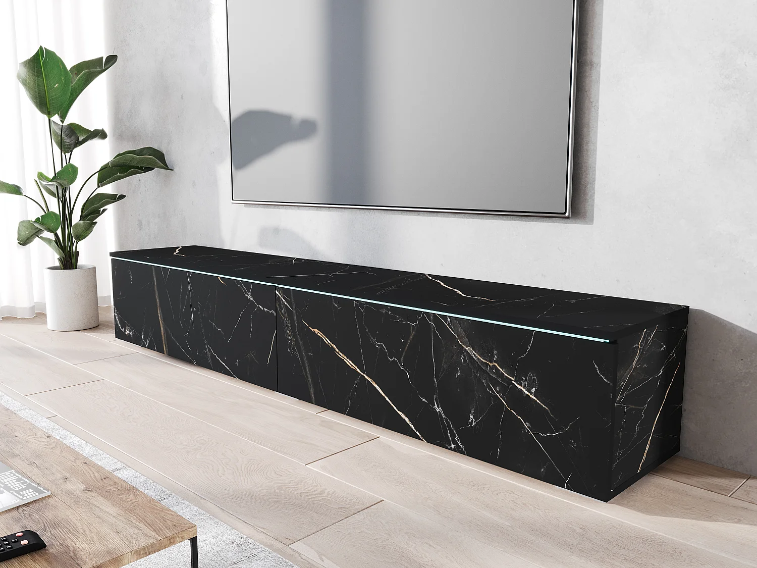 Mueble de TV moderno 180 cm para salón con LED – 2 puertas, sin tiradores, mármol mate, de pie o suspendido