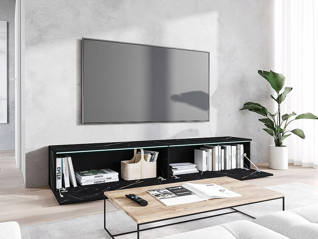 Mueble de TV moderno 180 cm para salón con LED – 2 puertas, sin tiradores, mármol mate, de pie o suspendido