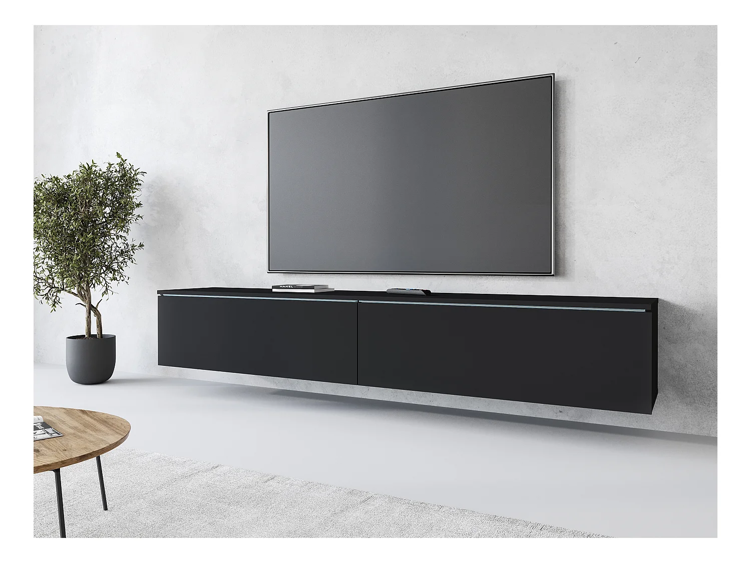 Meuble TV moderne 180 cm pour salon avec LED – 2 portes, sans poignées, noir mat, à poser ou à suspendre