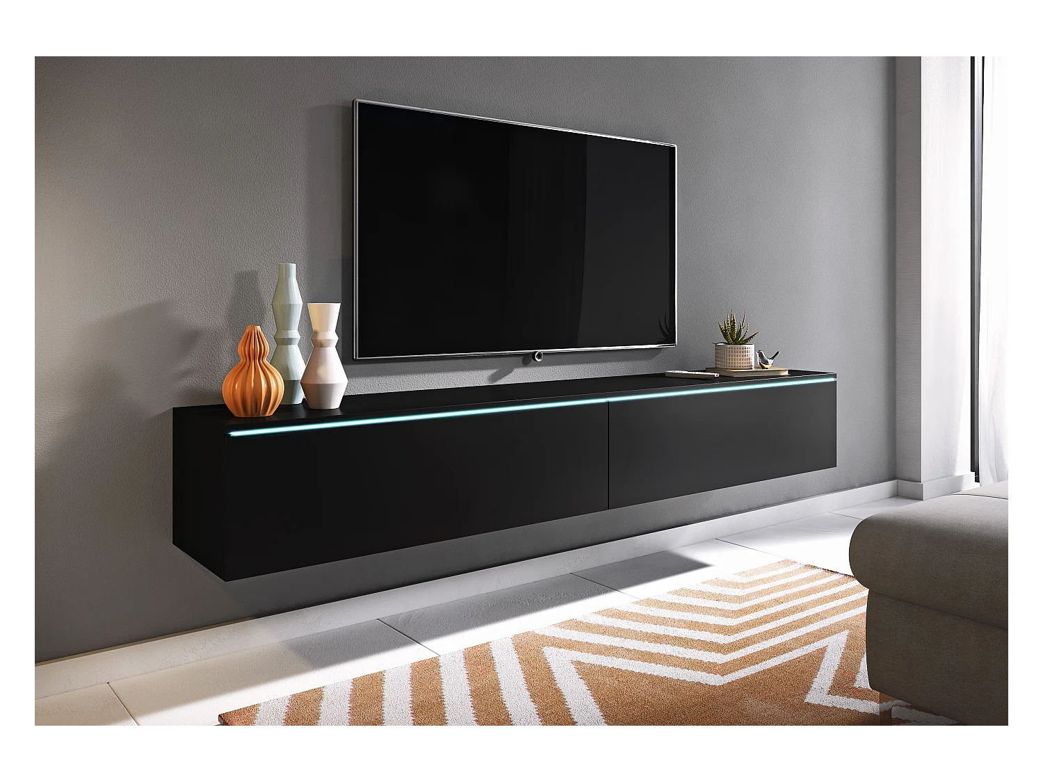 Meuble TV moderne 180 cm pour salon avec LED – 2 portes, sans poignées, noir mat, à poser ou à suspendre