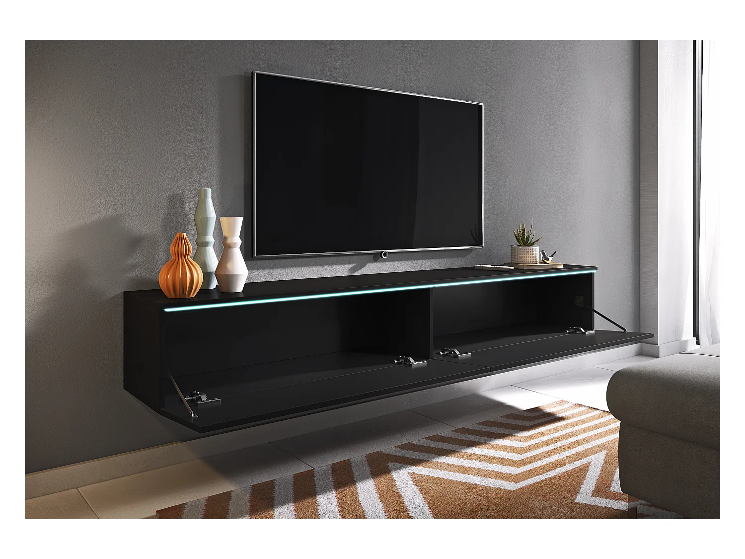 Meuble TV moderne 180 cm pour salon avec LED – 2 portes, sans poignées, noir mat, à poser ou à suspendre