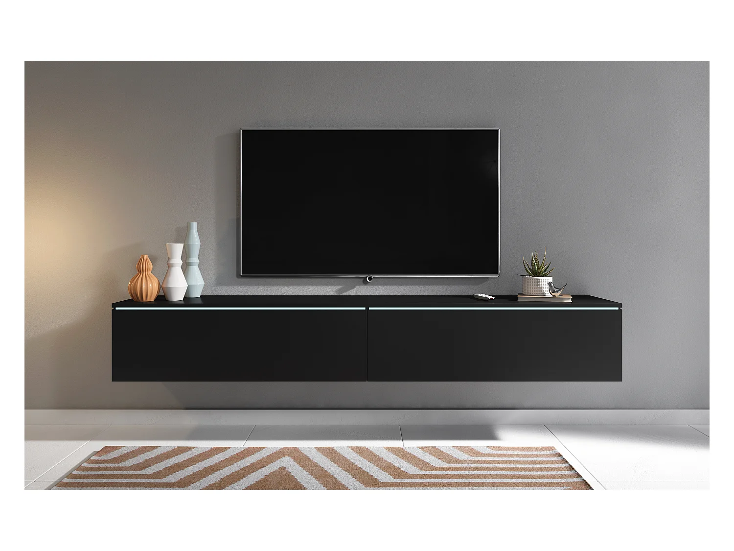 Meuble TV moderne 180 cm pour salon avec LED – 2 portes, sans poignées, noir mat, à poser ou à suspendre
