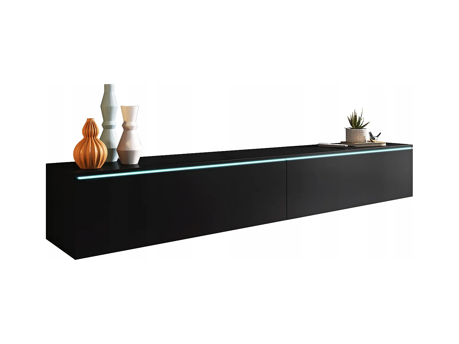 Meuble TV moderne 180 cm pour salon avec LED – 2 portes, sans poignées, noir mat, à poser ou à suspendre