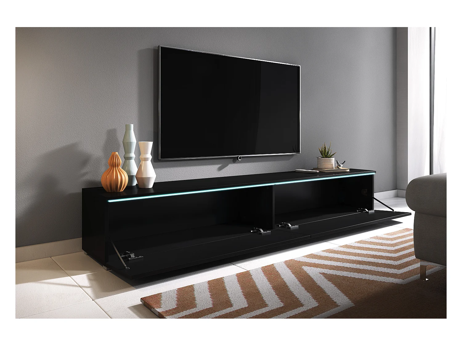 Meuble TV moderne 180 cm pour salon avec LED – 2 portes, sans poignées, noir mat, à poser ou à suspendre