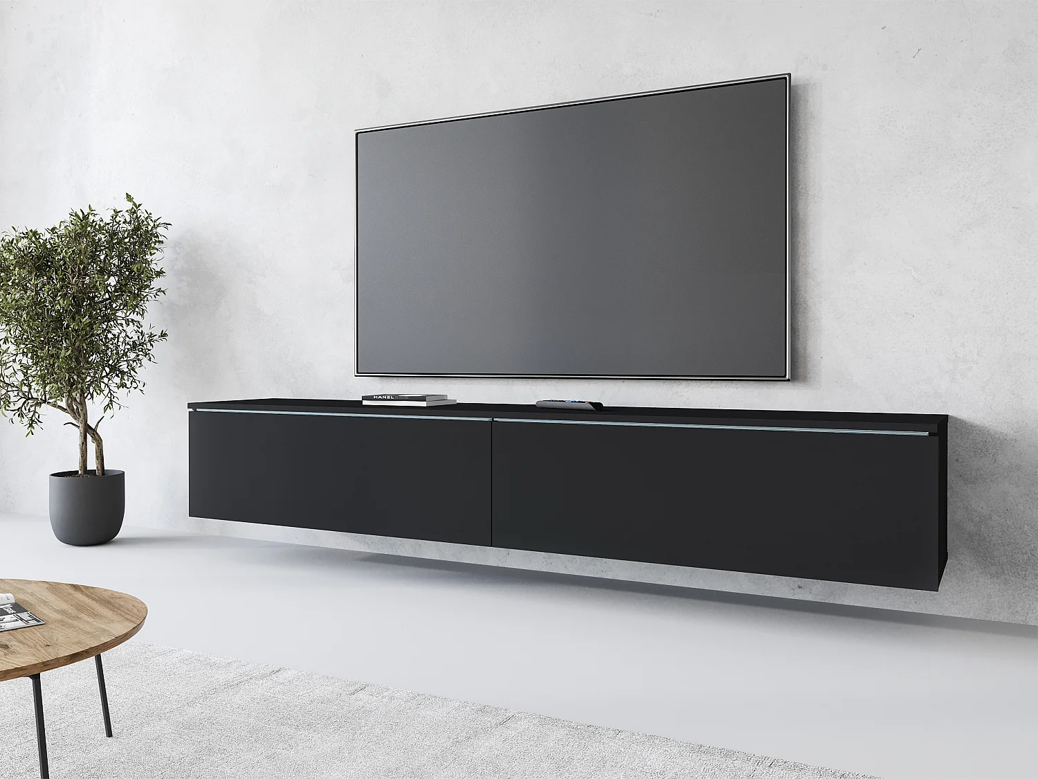 Meuble TV moderne 180 cm pour salon avec LED – 2 portes, sans poignées, noir mat, à poser ou à suspendre