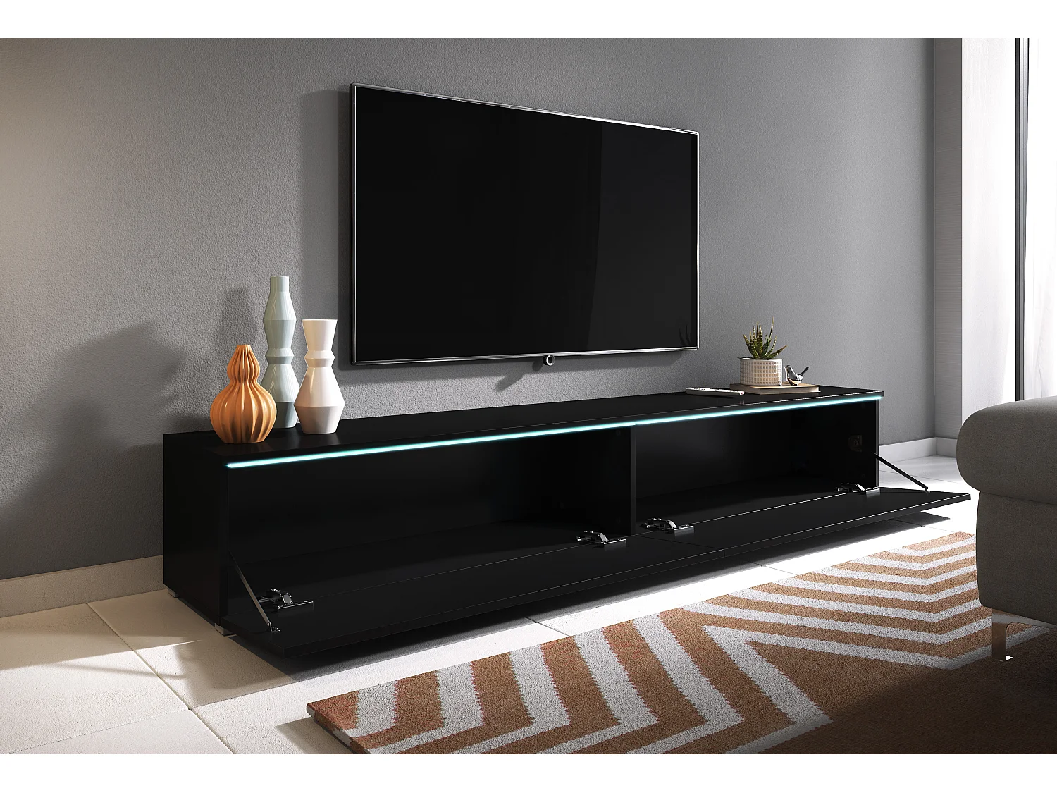 Meuble TV moderne 180 cm pour salon avec LED – 2 portes, sans poignées, noir mat, à poser ou à suspendre