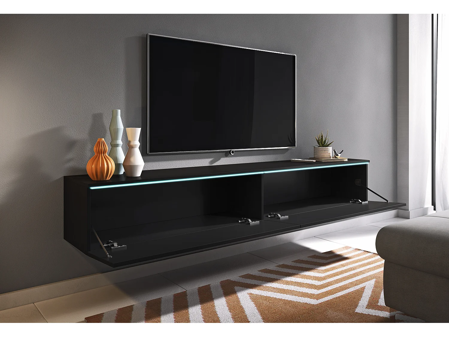 Meuble TV moderne 180 cm pour salon avec LED – 2 portes, sans poignées, noir mat, à poser ou à suspendre