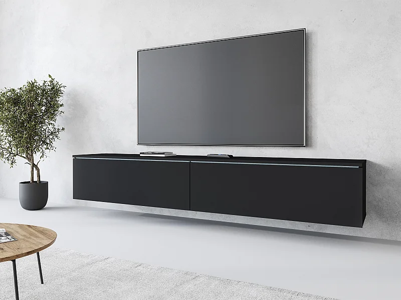 Meuble TV moderne 180 cm pour salon avec LED – 2 portes, sans poignées, noir mat, à poser ou à suspendre