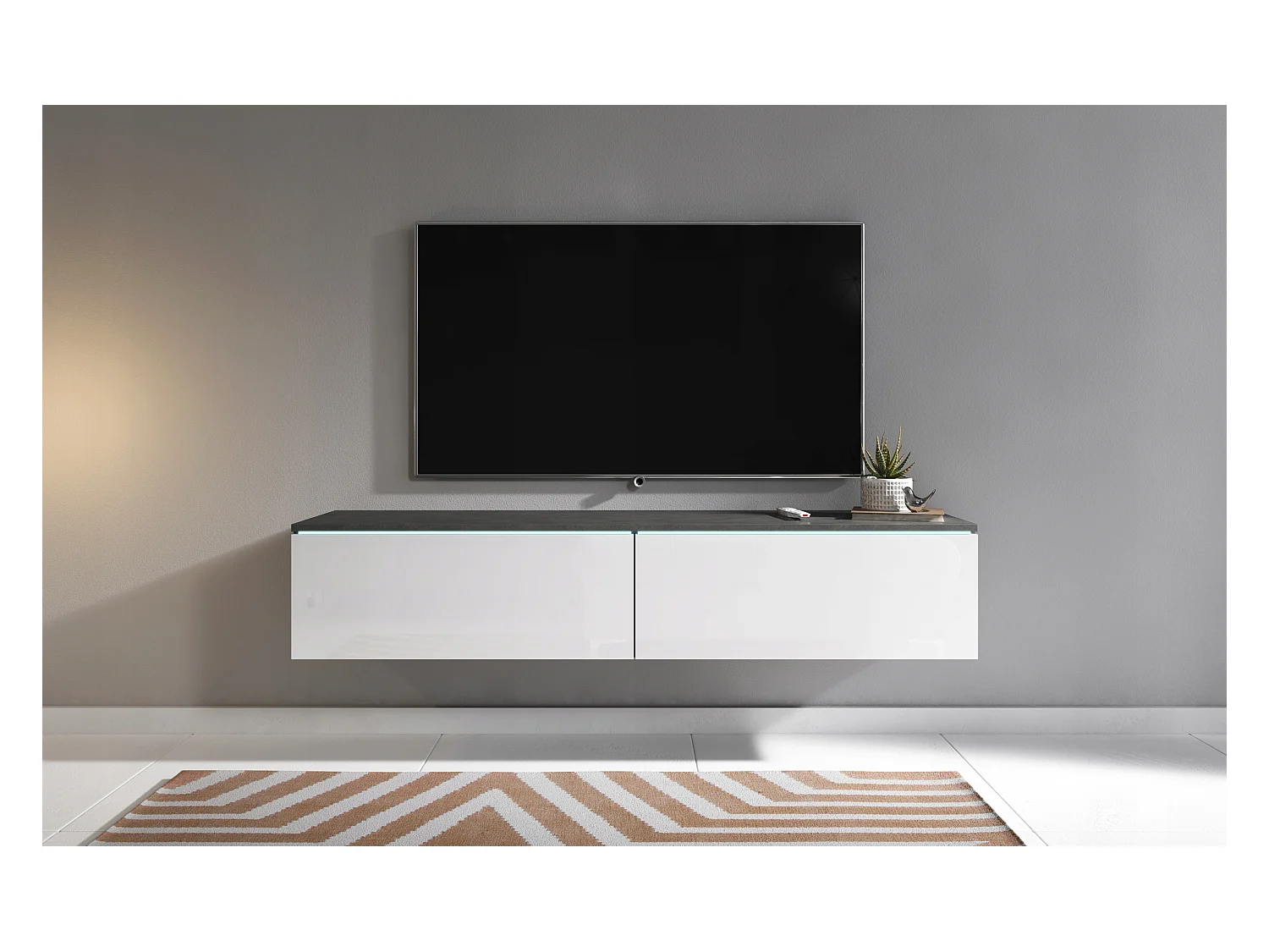 Meuble TV moderne 140 cm avec LED 2 portes, sans poignées, caisson matera, façades blanc brillant, posé ou suspendu