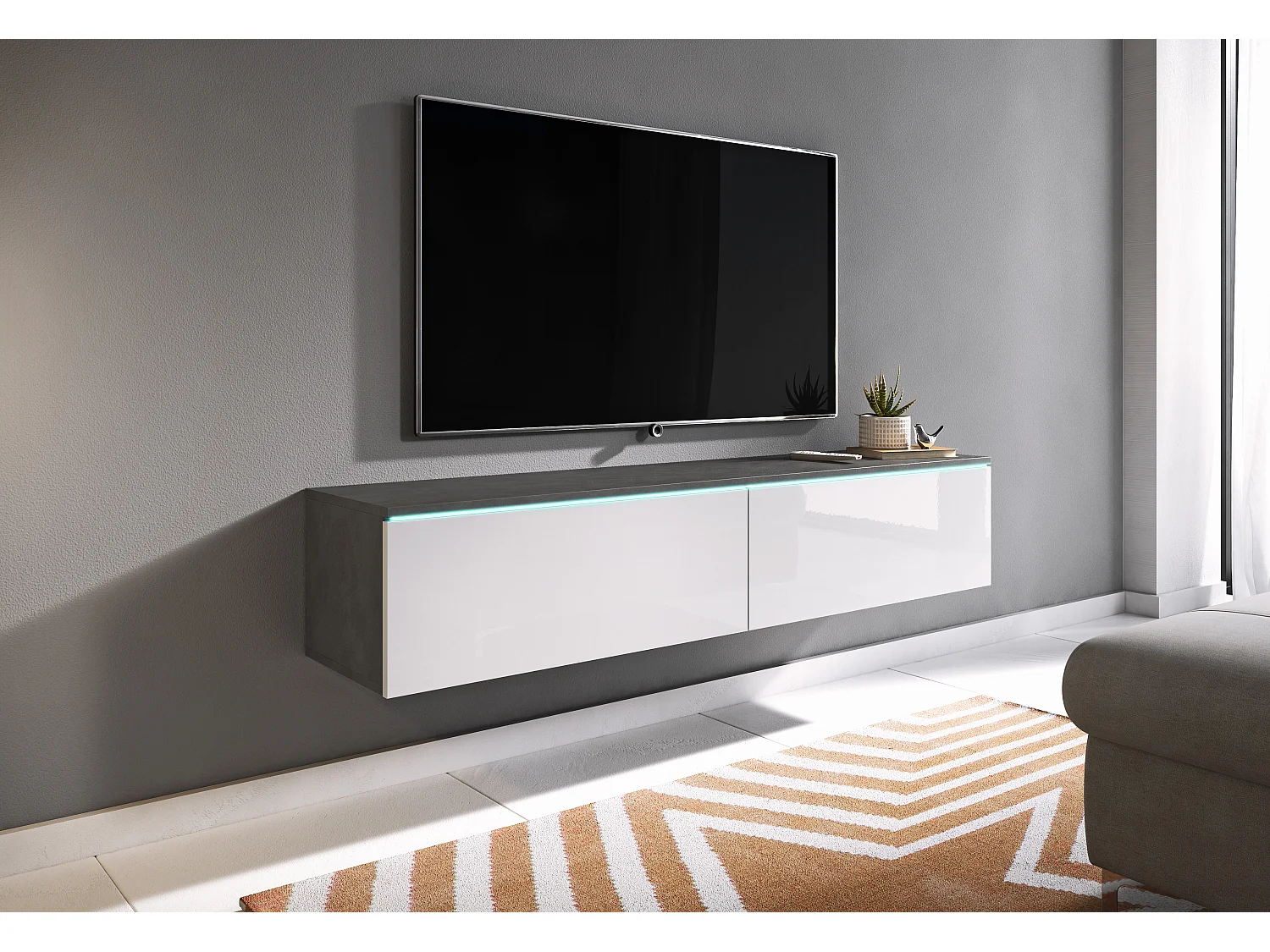 Mueble de TV moderno 140 cm con LED 2 puertas, sin tiradores, cuerpo matera, frentes blanco brillo, de pie o suspendido