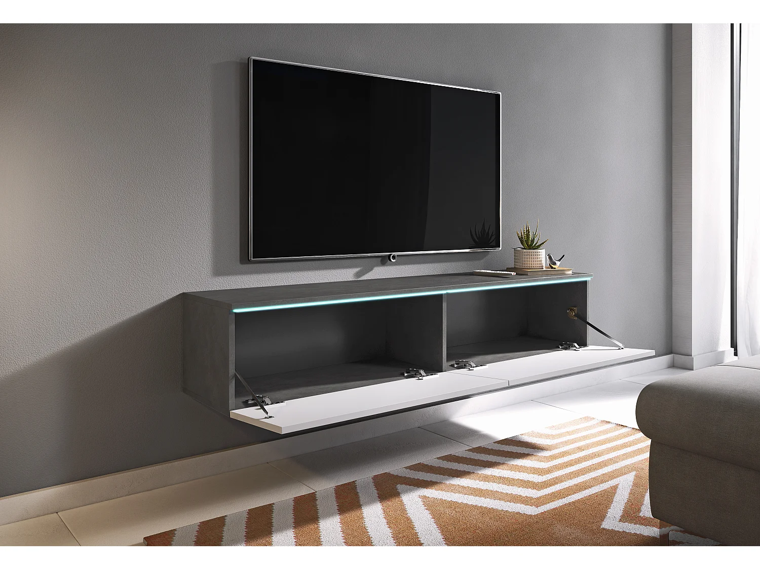 Mueble de TV moderno 140 cm con LED 2 puertas, sin tiradores, cuerpo matera, frentes blanco brillo, de pie o suspendido