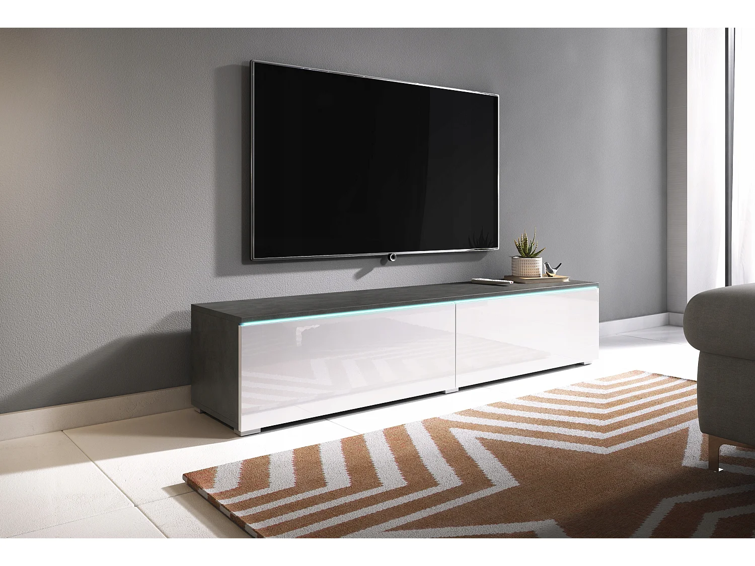 Mueble de TV moderno 140 cm con LED 2 puertas, sin tiradores, cuerpo matera, frentes blanco brillo, de pie o suspendido