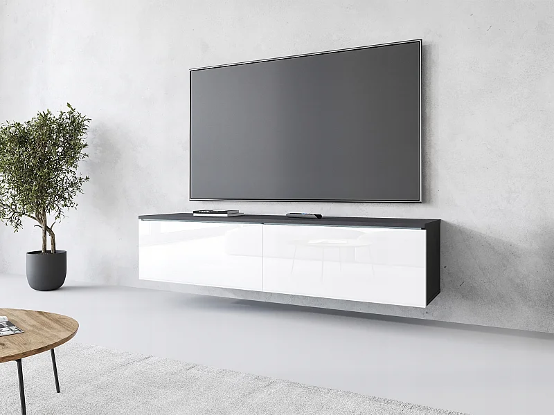 Móvel de TV moderno 140 cm com LED 2 portas, sem puxadores, corpo matera, frentes branco brilho, de chão ou suspenso