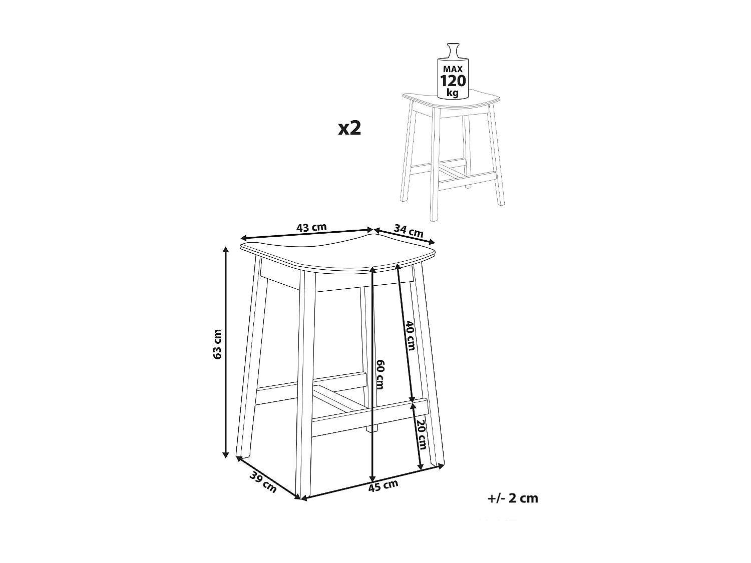 Lot de 2 tabourets de bar DIXON Bois Blanc cassé/marron foncé
