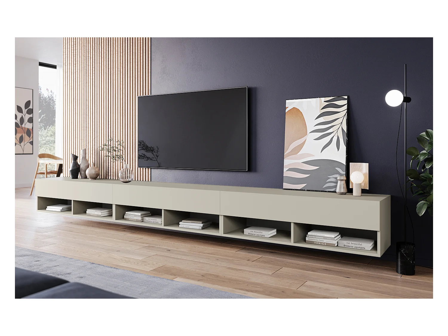 Meuble TV moderne 300 cm avec LED – sans poignées, beige cachemire mat, posé au sol ou suspendu