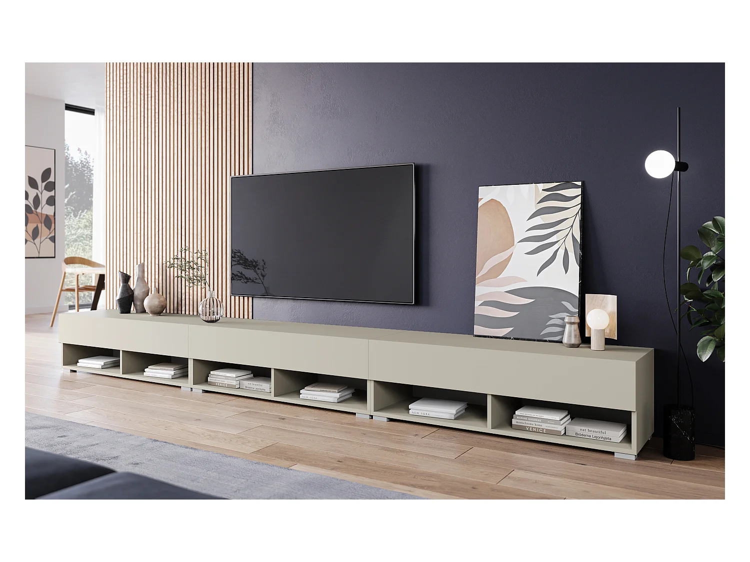Meuble TV moderne 300 cm avec LED – sans poignées, beige cachemire mat, posé au sol ou suspendu
